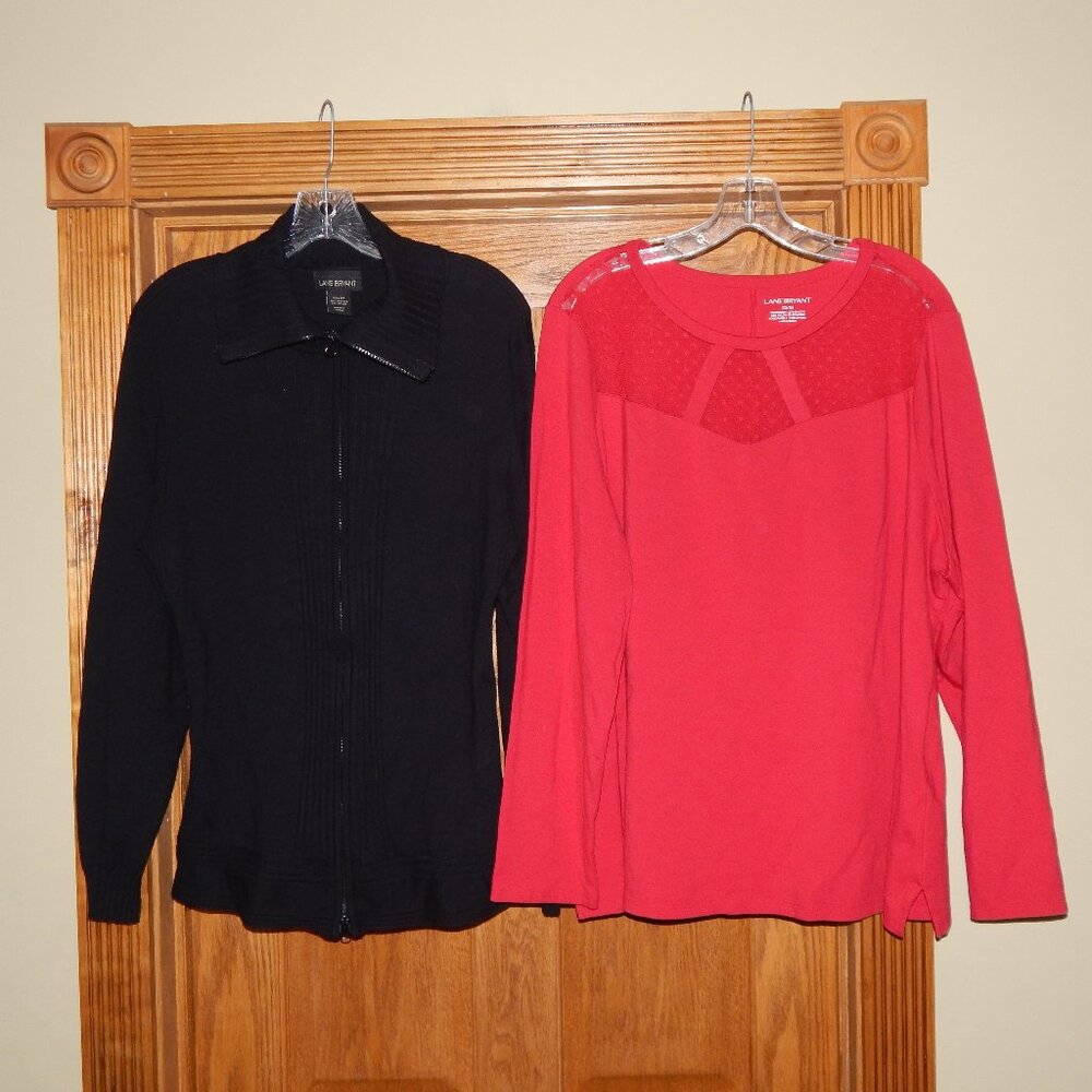 LOT Plus Size Women's 22/24 LANE BRYANT Black Zipper Cardigan Sweater & Red Top